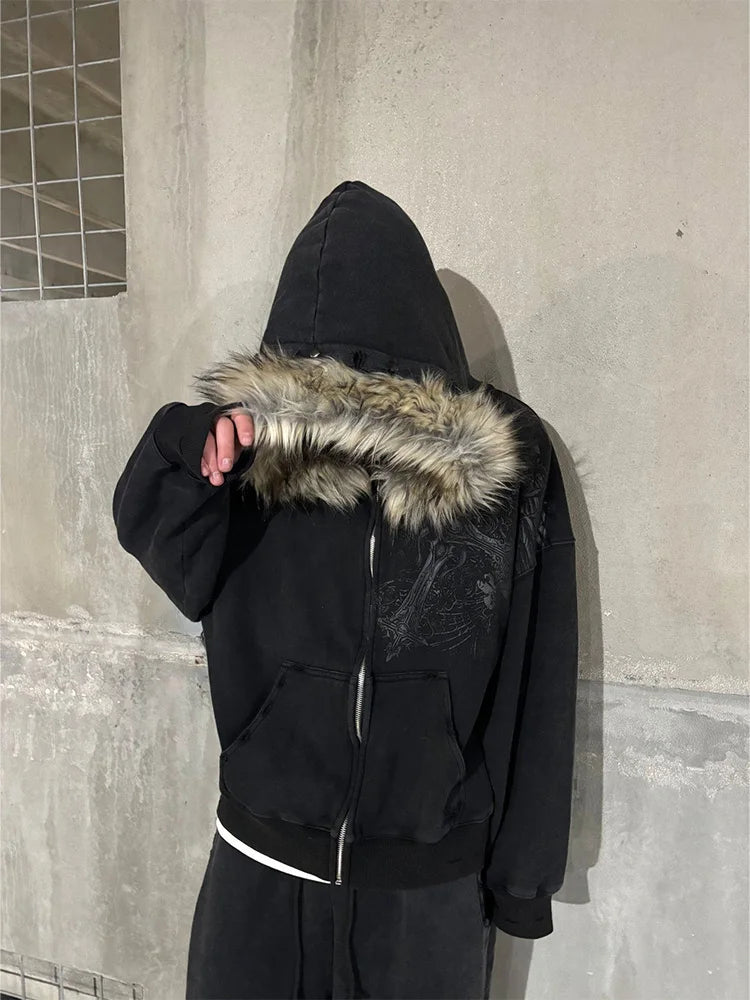 Women's Faux Fur Collar Graphic Zip-Up Hoodie