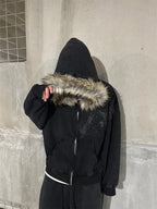 Women's Faux Fur Collar Graphic Zip-Up Hoodie