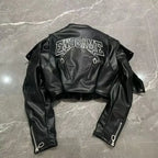 Black Embroidered Skull Graphic Motorcycle Jacket