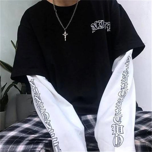 Black Graphic Layered-Look T-Shirt