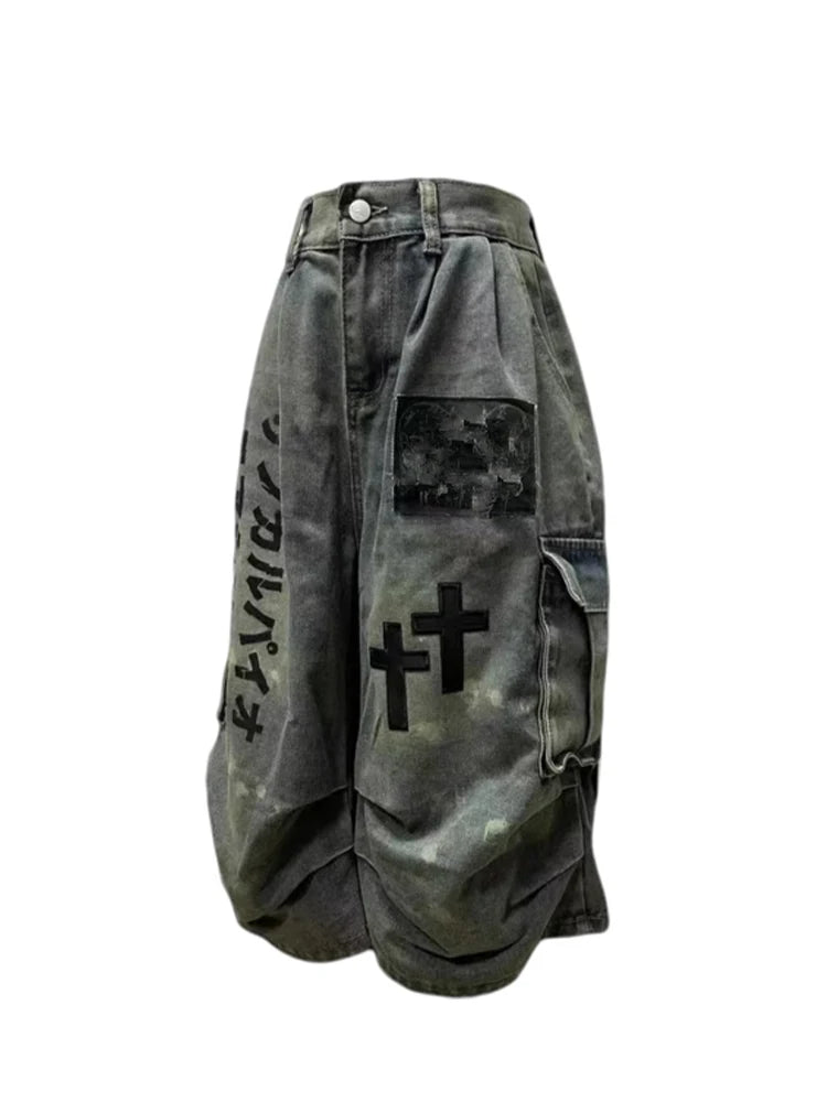 Women's Graphic Denim Jorts - Light Wash Loose Fit