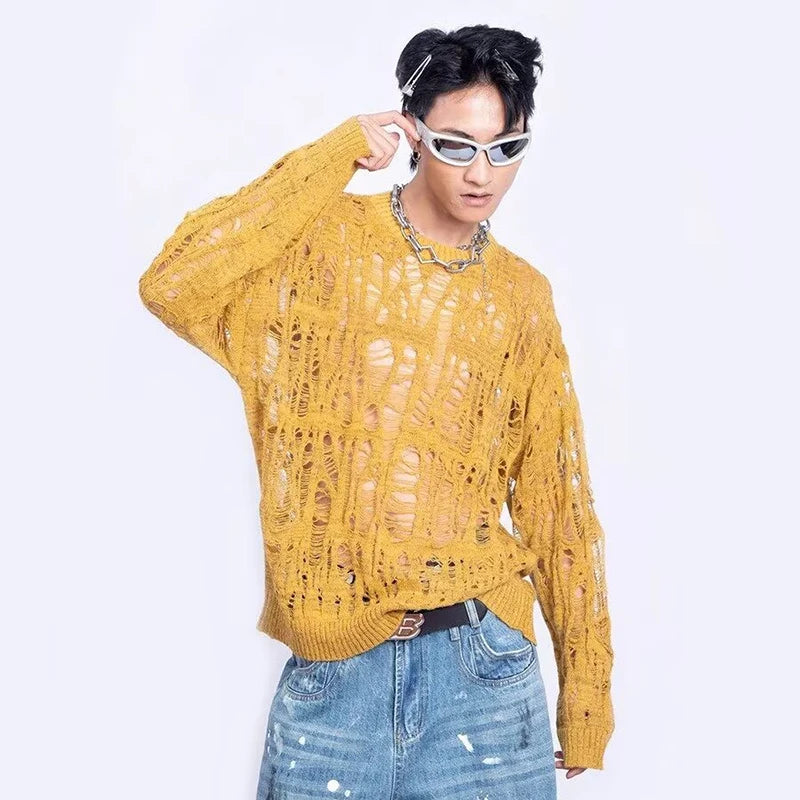 Men's Distressed Open-Knit Crewneck Sweater