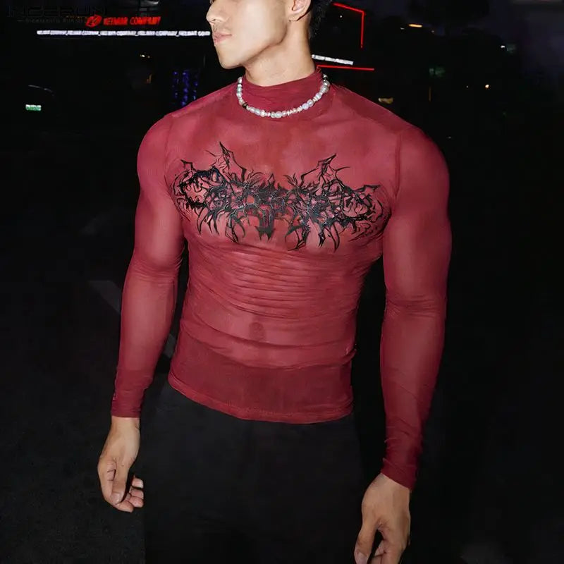 Men's Printed Mesh Turtleneck Long-Sleeve Tee