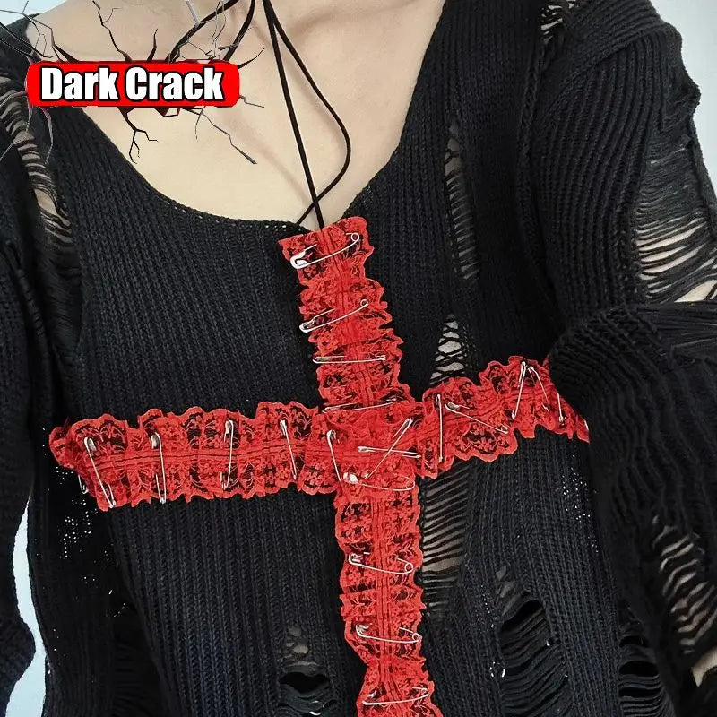Grunge Distressed Knit Safety-Pin Sweater Top