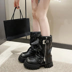 Women's Knee-High Platform Boots with Belt Detail and Square Toe