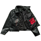 Men's Black Faux Leather Jacket with Red Ribbon Detail