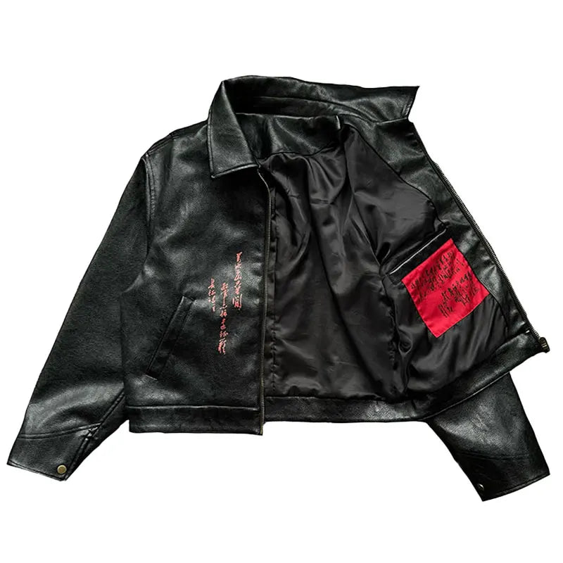 Men's Black Faux Leather Jacket with Red Ribbon Detail