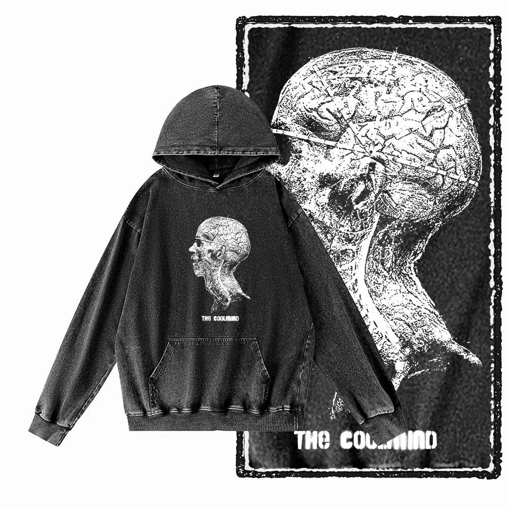 Men's Acid-Washed Black Graphic Pullover Hoodie