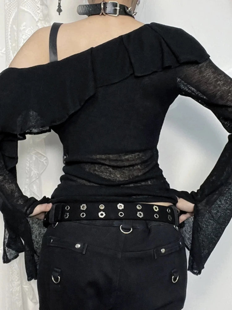 Women's Black Gothic Graphic Off-Shoulder Flare-Sleeve Top