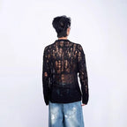 Men's Distressed Open-Knit Crewneck Sweater