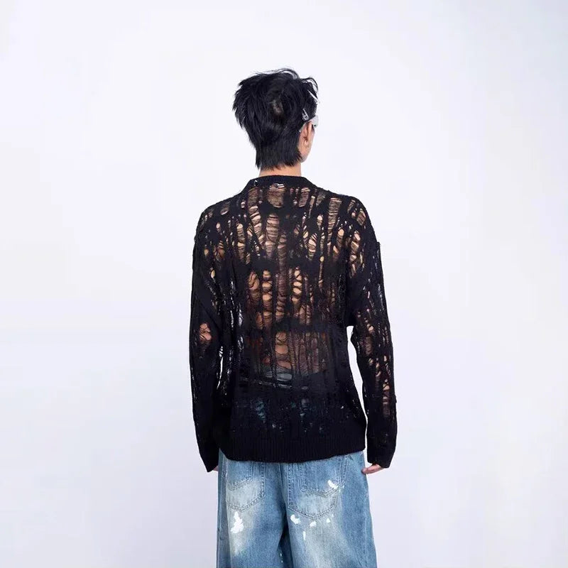 Men's Distressed Open-Knit Crewneck Sweater