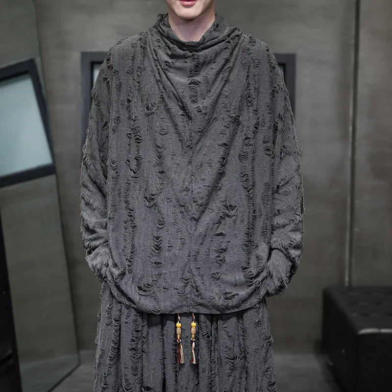 Men's Gray Distressed Long-Sleeve Cowl-Neck Shirt