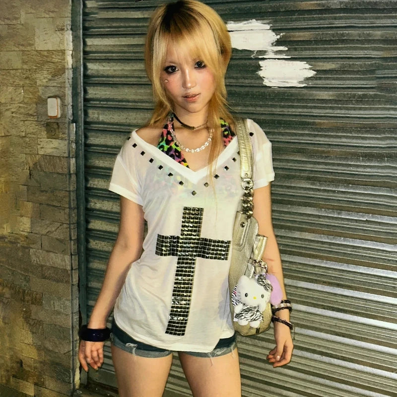 Women's Sheer V-Neck Cross Print T-Shirt