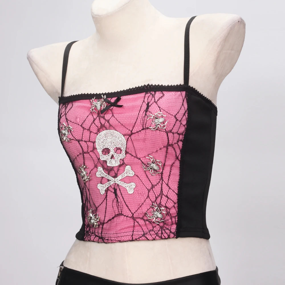 Spider Web Skull Halter Crop Top