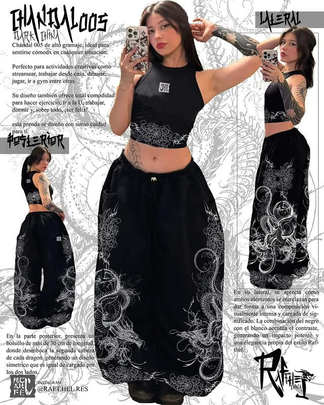 Black Wide-Leg Graphic Pants with Floral and Japanese-Inspired Print