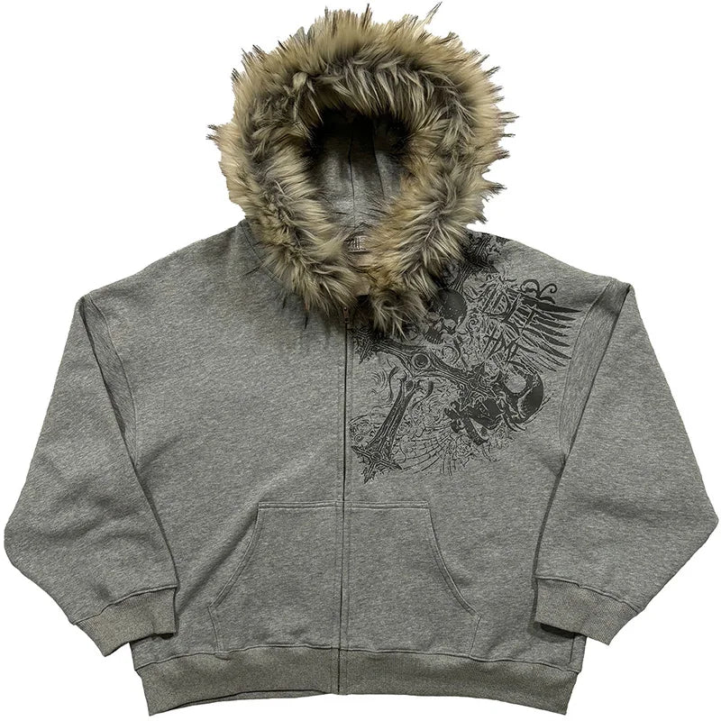 Women's Faux Fur Collar Graphic Zip-Up Hoodie
