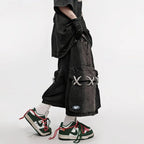 Men's Black Denim Cargo Shorts – Loose Knee-Length Drawstring Shorts