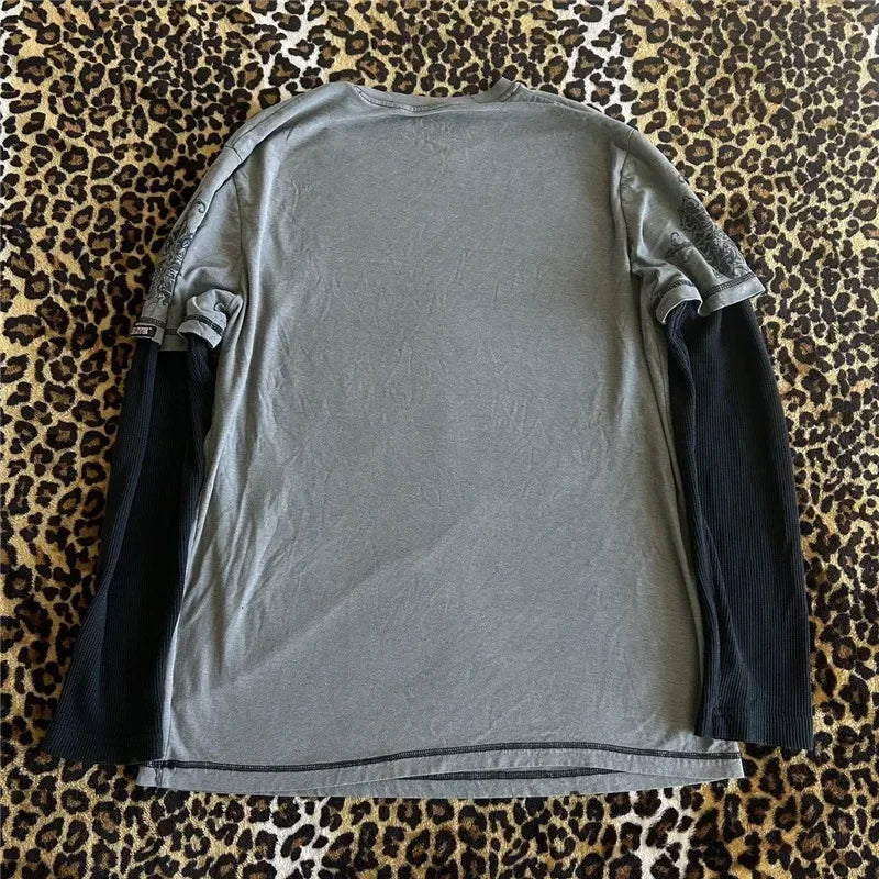 Women's Gray Skull Graphic Long-Sleeve Top