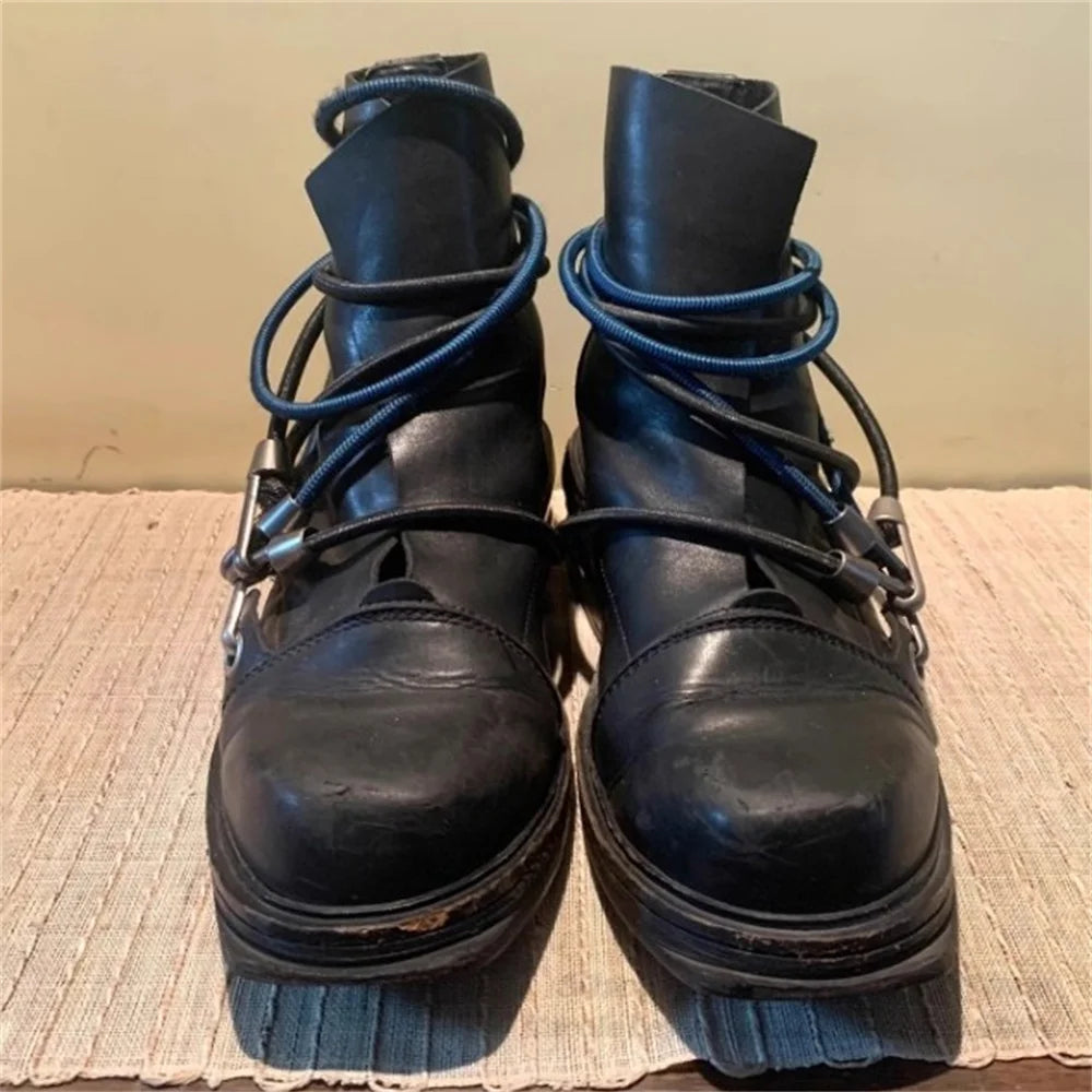 Men's Black Mid-Calf Lace-Up Boots with Wraparound Cords