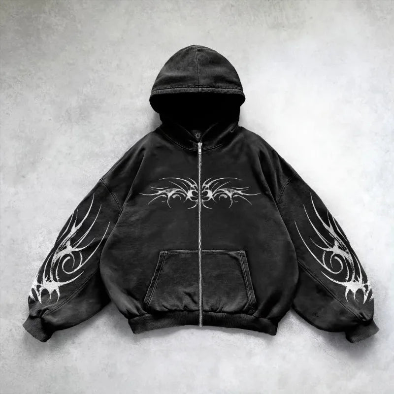 Women's Black Tribal Print Zip-Up Hoodie