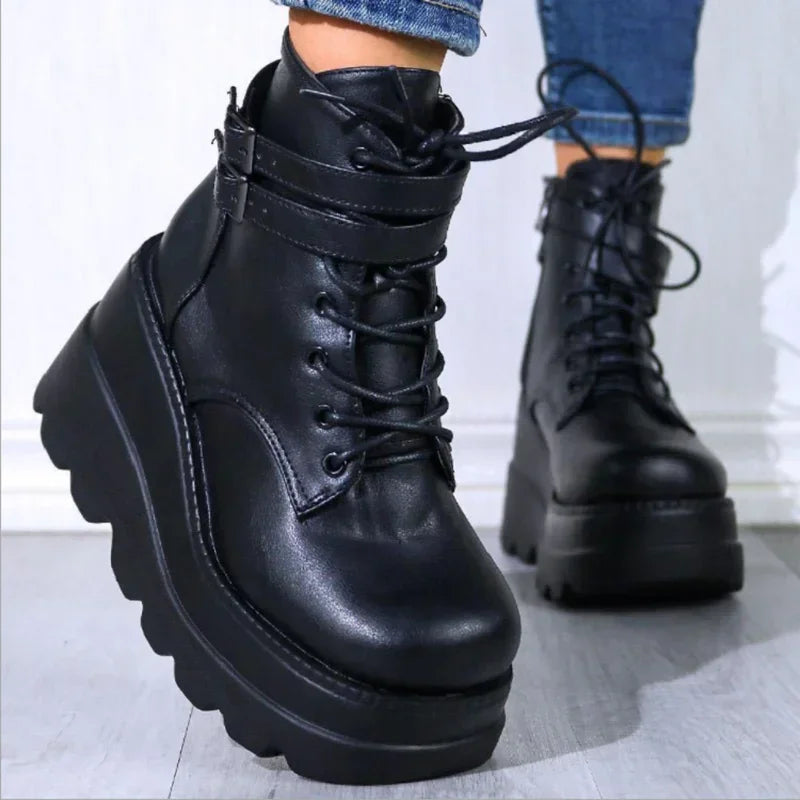 Black Women's Platform Ankle Boots with Lace-Up Front