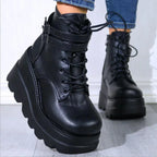 Black Women's Platform Ankle Boots with Lace-Up Front