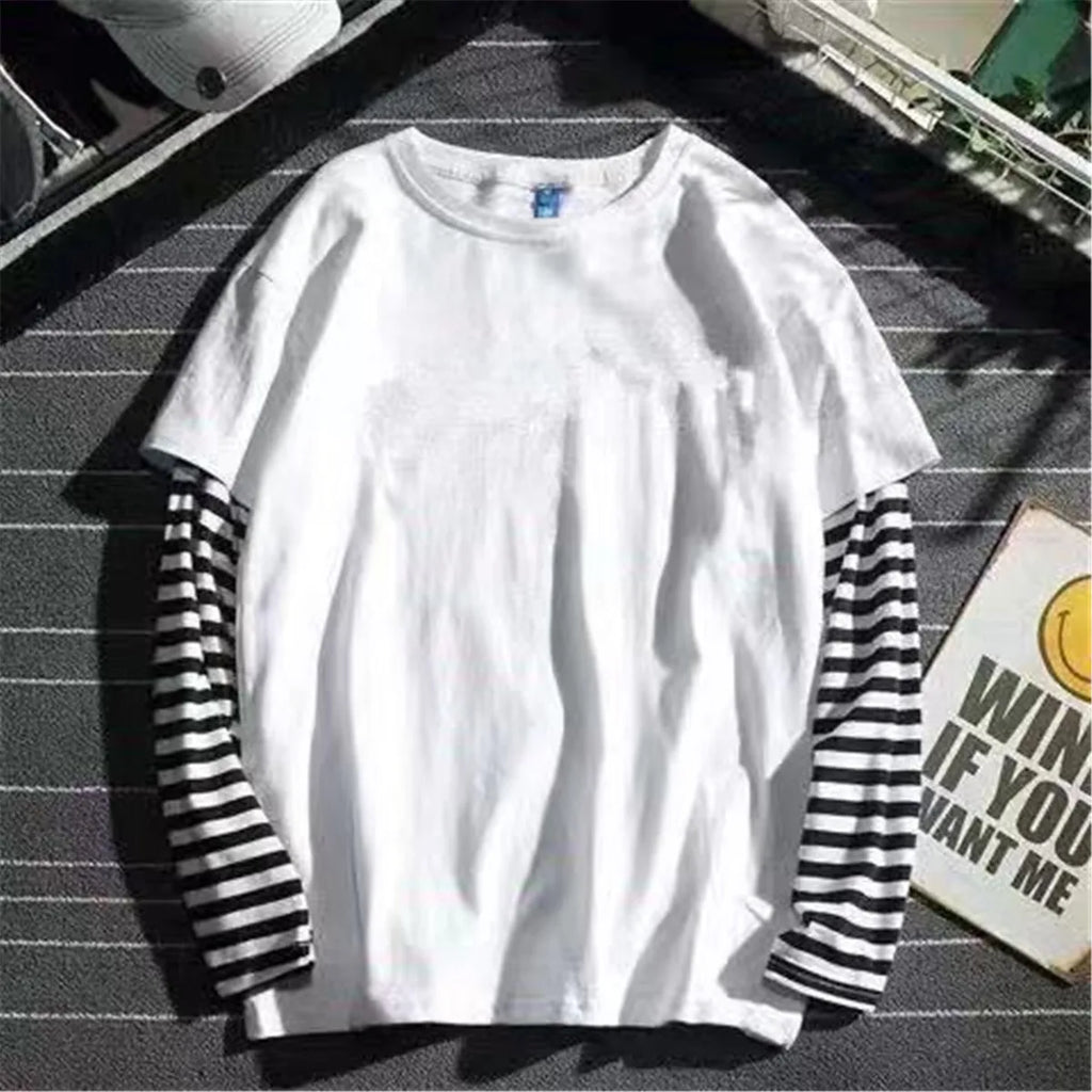 Men's Black and White Striped Layered Long-Sleeve T-Shirt