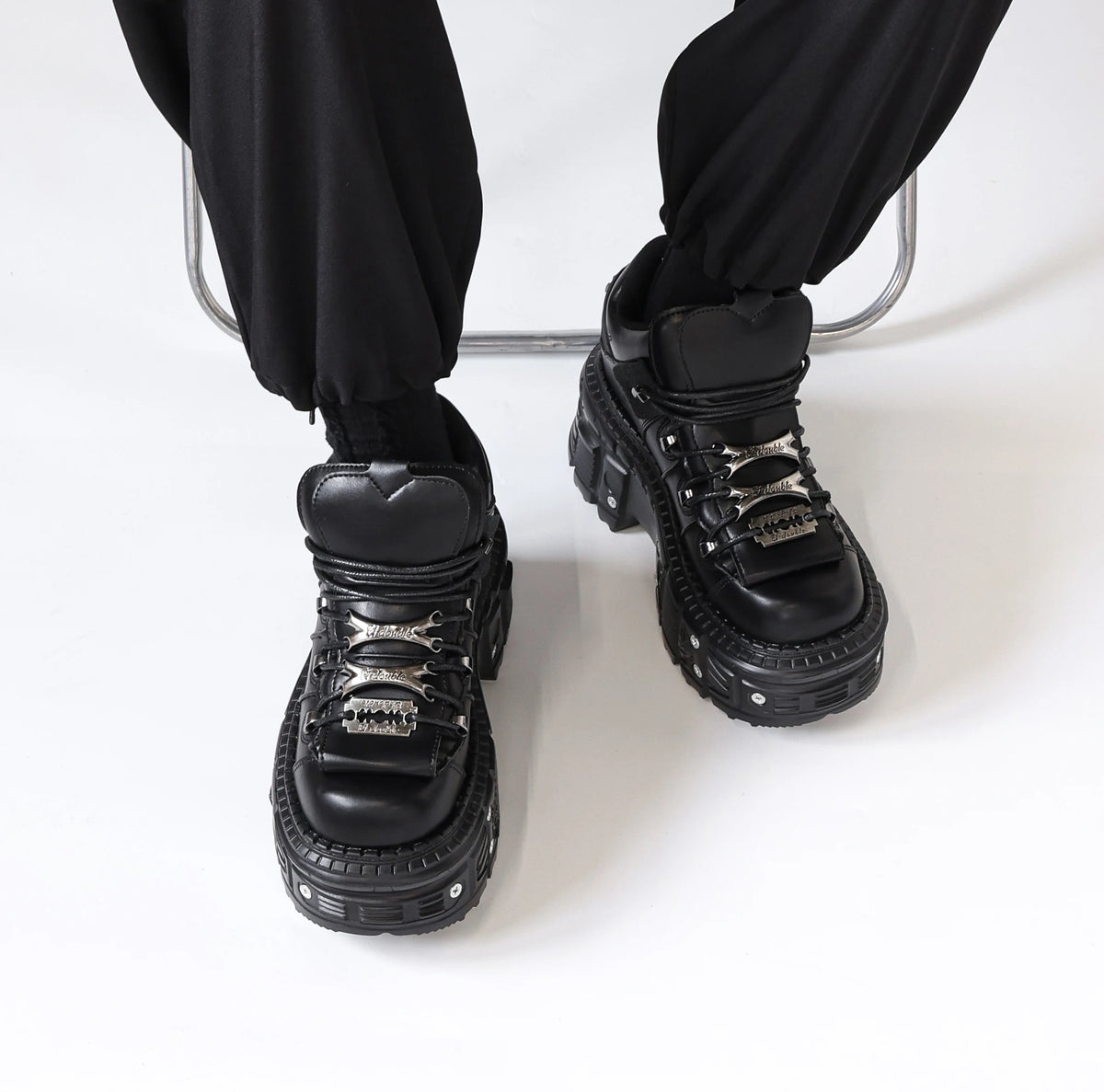 Women's Black Lace-Up Platform Ankle Shoes with Metal Details