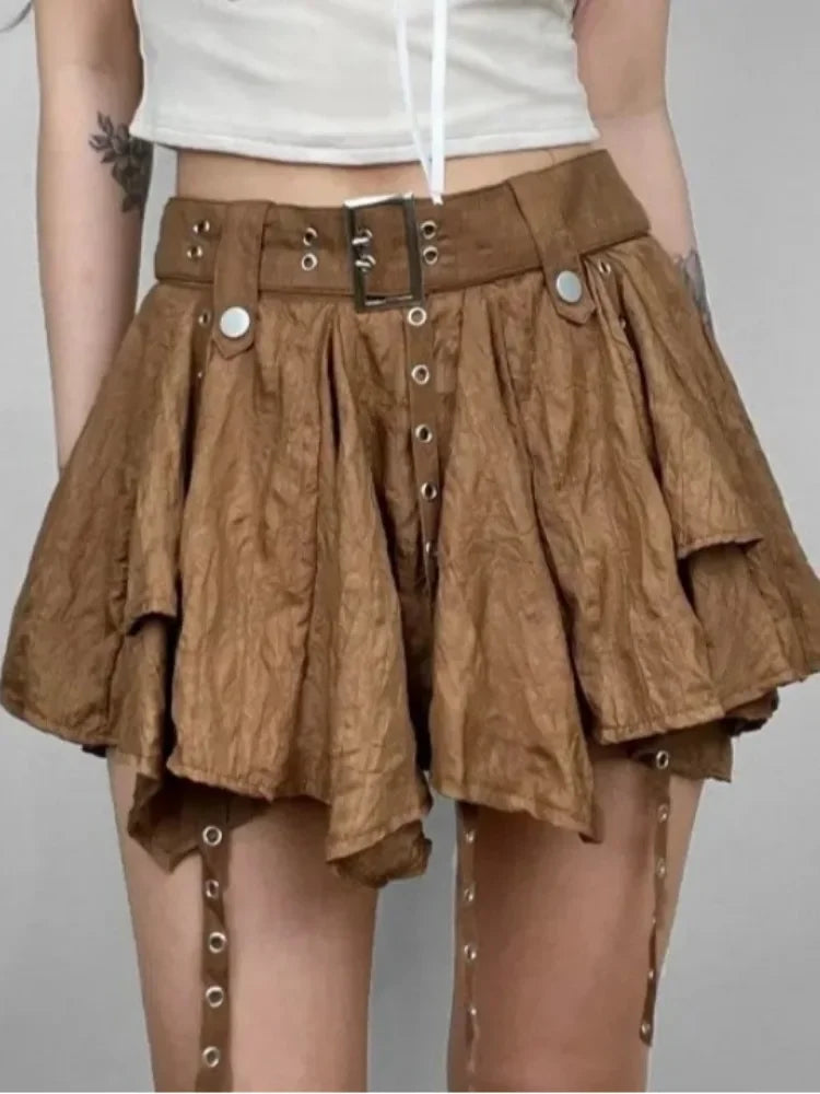 Women's Layered Pleated Mini Skirt with Belt Strap