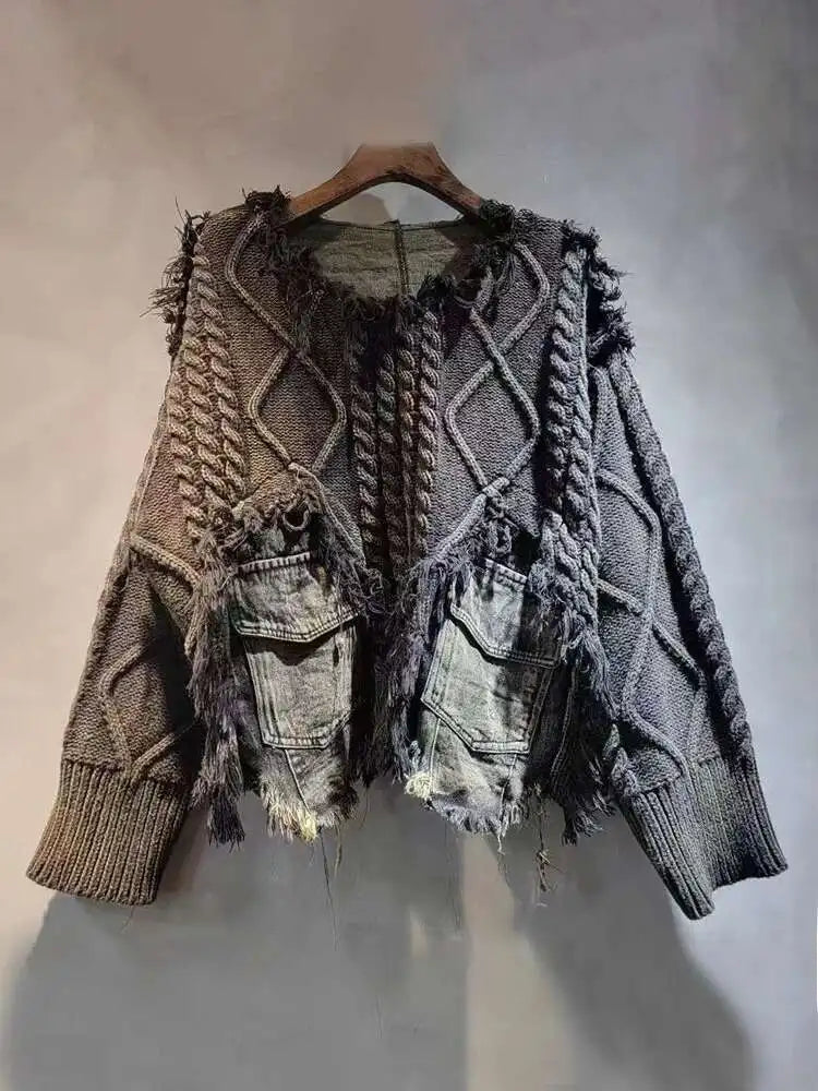 Women's Patchwork Knit Sweater with Denim Pockets