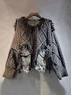 Women's Patchwork Knit Sweater with Denim Pockets