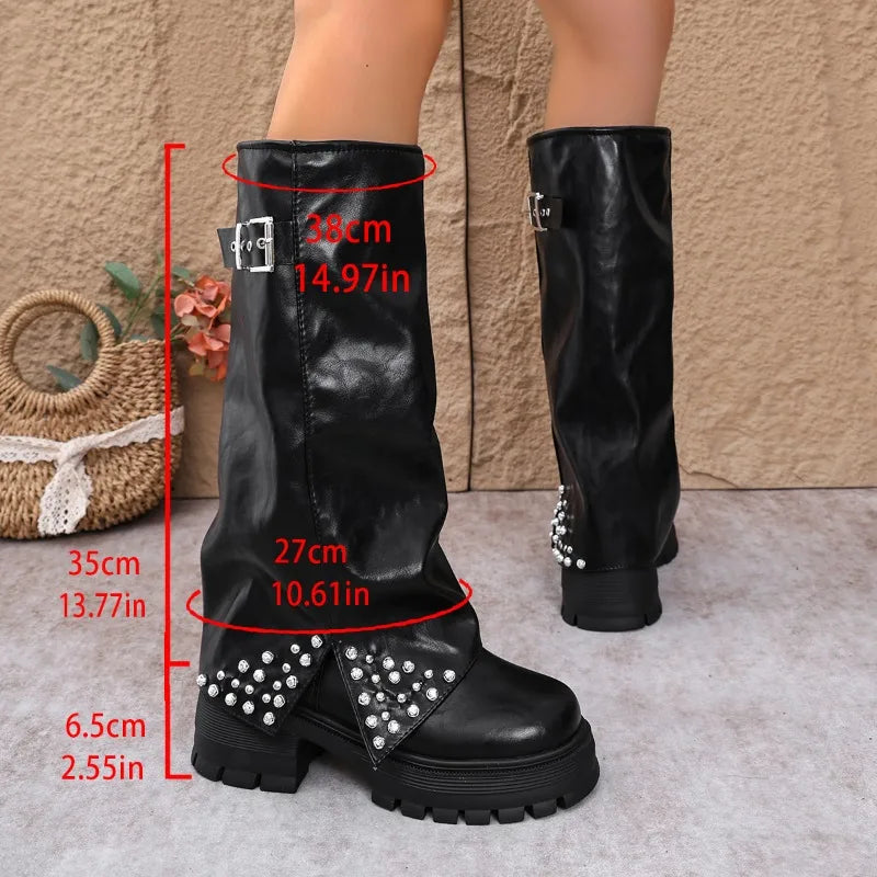 Women’s Knee-High Platform Boots with Rhinestone Buckle Detail
