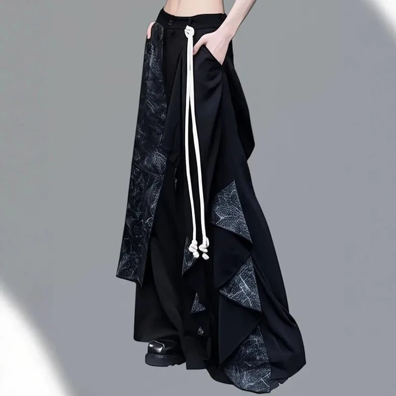 Black Patchwork Wide-Leg Pants with Layered Panels