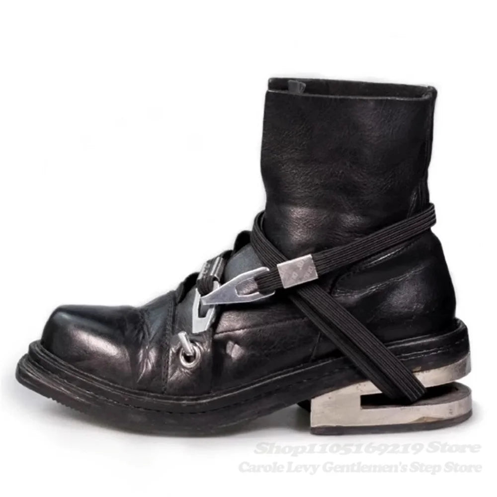 Men's Black Mid-Calf Lace-Up Boots with Wraparound Cords