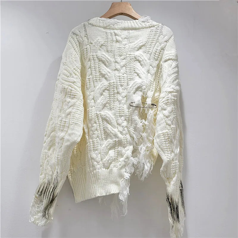 Women's Gray Distressed Cable-Knit Pullover Sweater