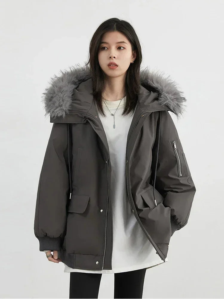 Women's Hooded Parka Jacket with Zip Closure and Utility Pockets