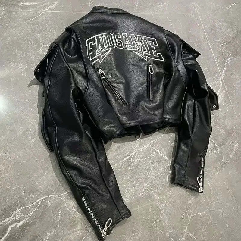 Black Embroidered Skull Graphic Motorcycle Jacket