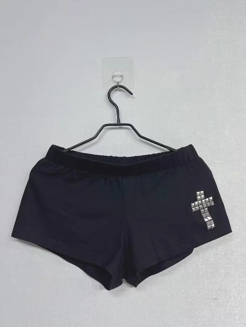 Women’s Black Low-Rise Shorts with Geometric Cross Stud Detail
