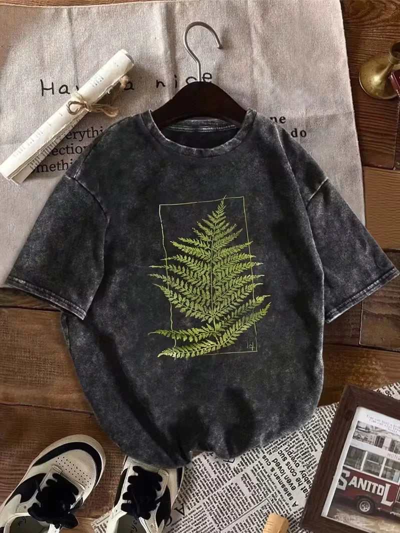 Washed Botanical Print T-Shirt – Short Sleeve Crew Neck