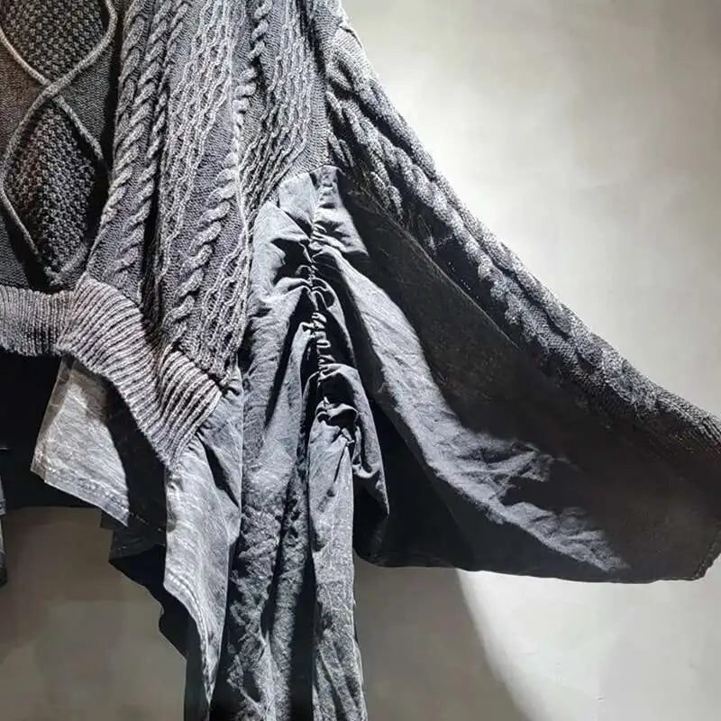 Women's Brown Cable-Knit Patchwork V-Neck Sweater