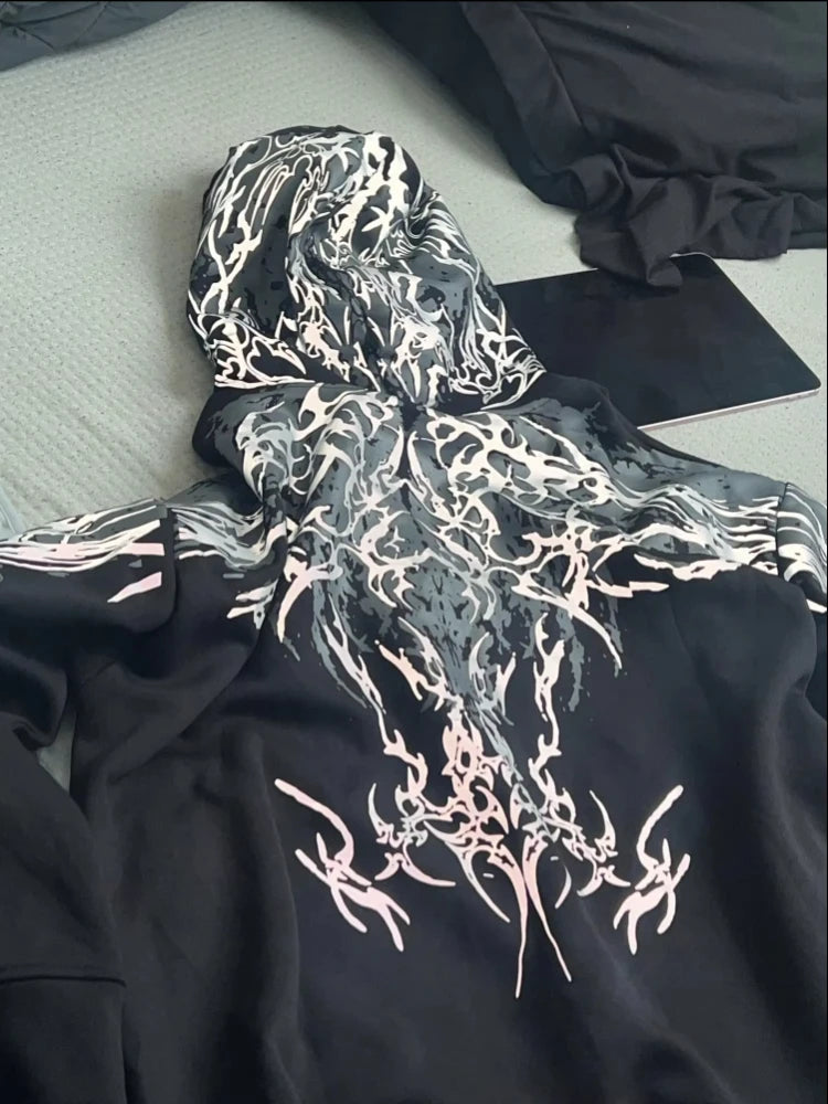 Men's Black Graphic Print Zip Hoodie