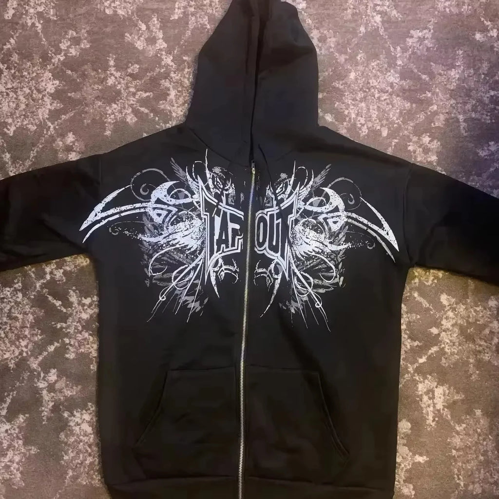 Women's Black Graphic Zip-Up Hoodie