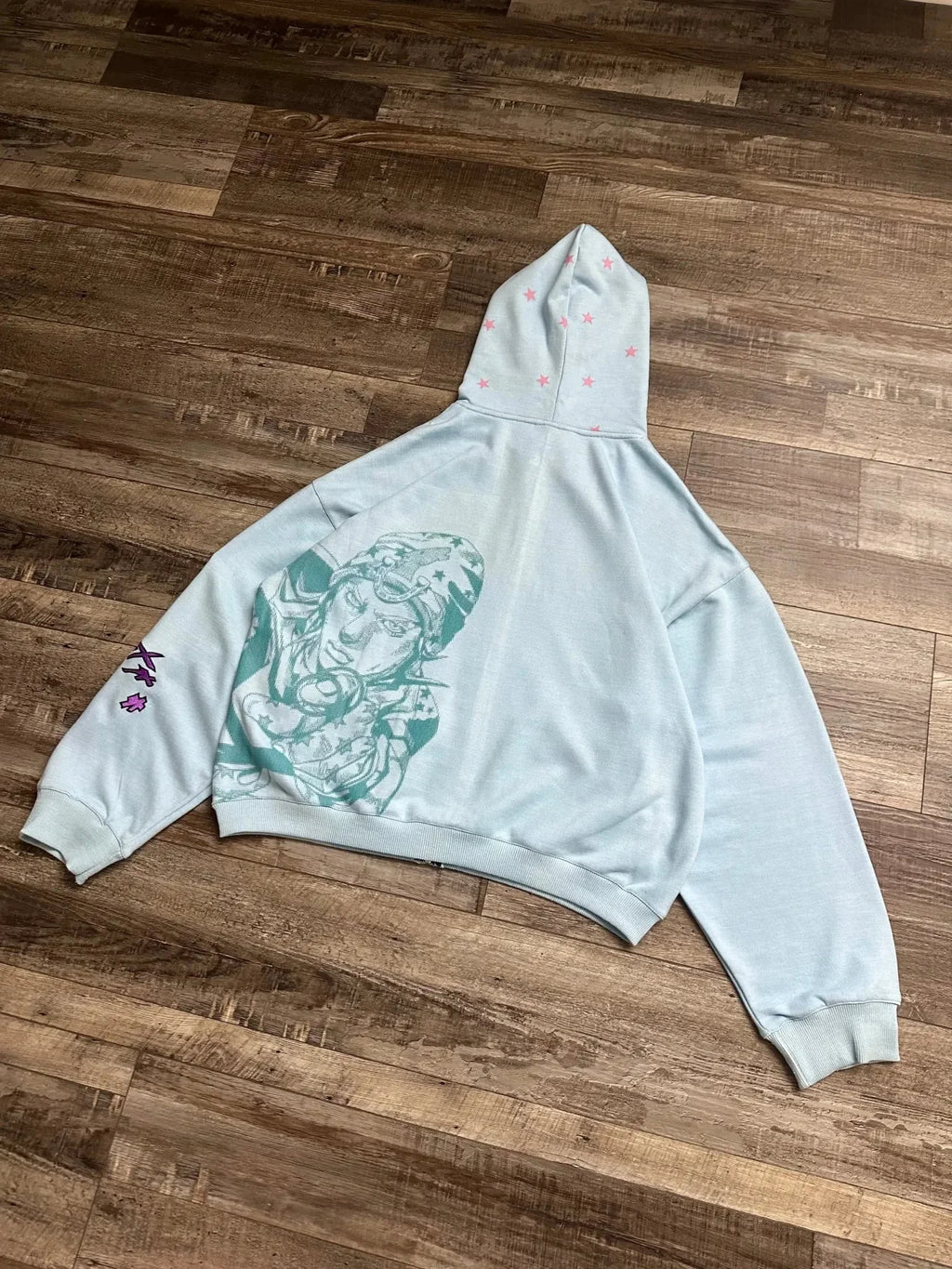 Light Blue Star & Graphic Zip-Up Hoodie