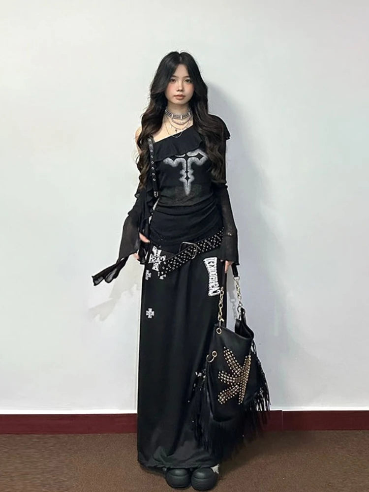 Women's Black Gothic Graphic Off-Shoulder Flare-Sleeve Top