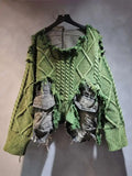 Women’s Emerald Green Cable-Knit Patchwork Pocket Sweater