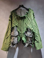 Women’s Emerald Green Cable-Knit Patchwork Pocket Sweater