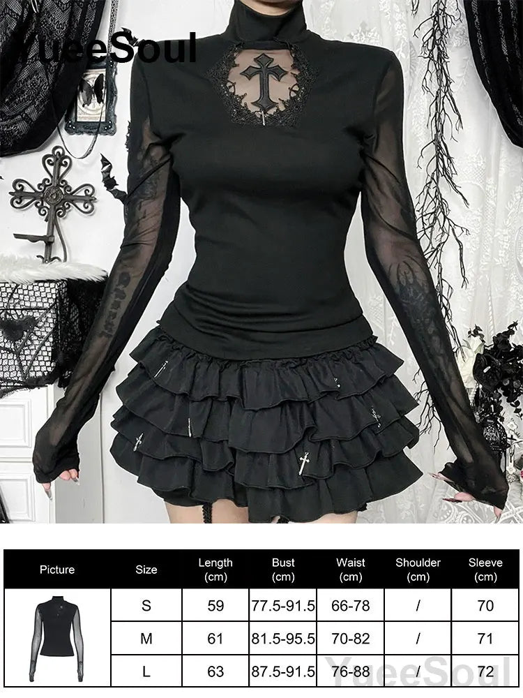 Women's Black Lace-Panel Long-Sleeve Top