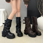 Women's Brown Platform Buckle Mid-Calf Boots