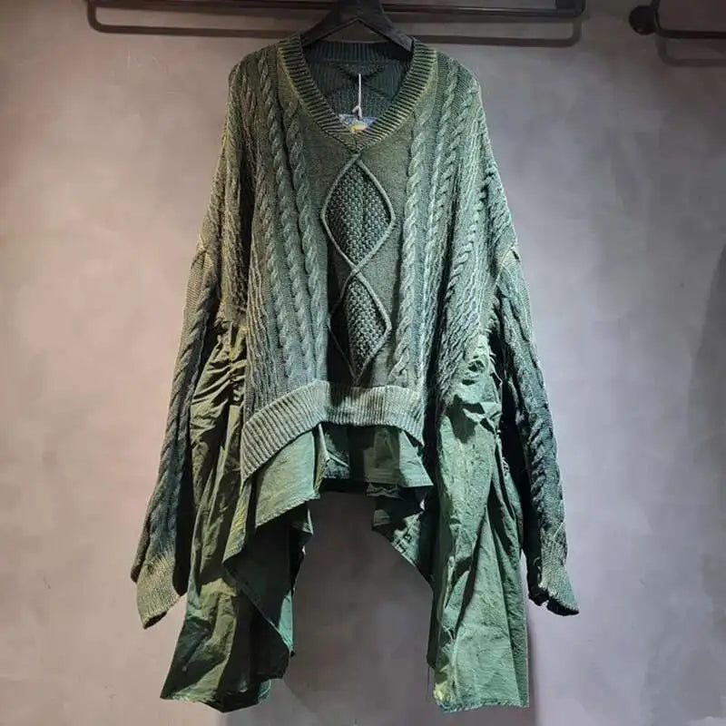 Women's Cable-Knit V-Neck Patchwork Sweater