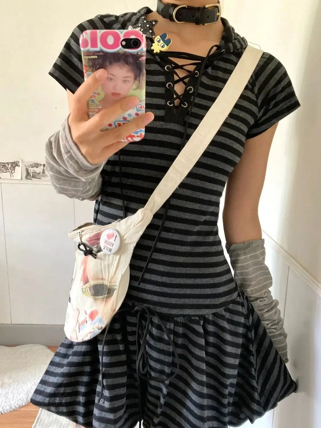 Grunge Black and Gray Striped Short-Sleeve Dress